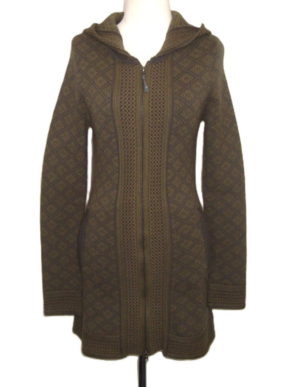 Athleta Spooner Summit‎ Cardigan Hooded Jacket Fair Isle Long Line Full Zip